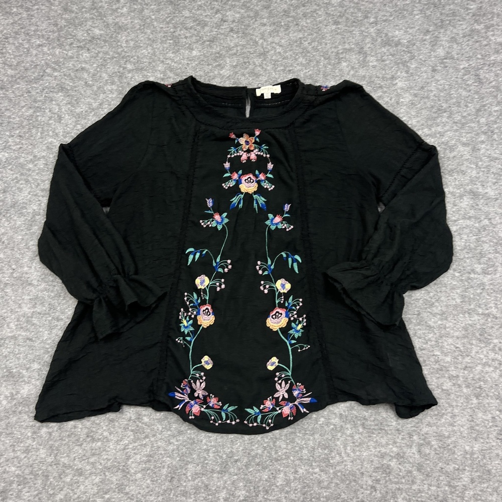 Umgee USA Blouse Womens 2XL Black Embroidered Tunic Boho Floral Lightweight Plus